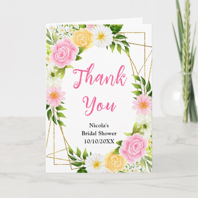 Carte De Remerciements Pink and Yellow Flowers and Foliage Bridal Shower (Devant)
