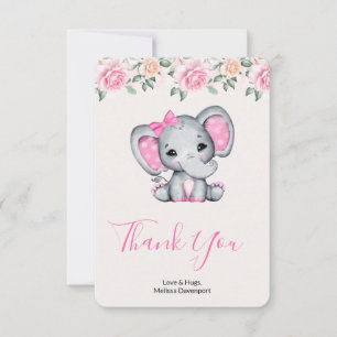 Carte De Remerciements Pink Baby Elephant and Roses Border