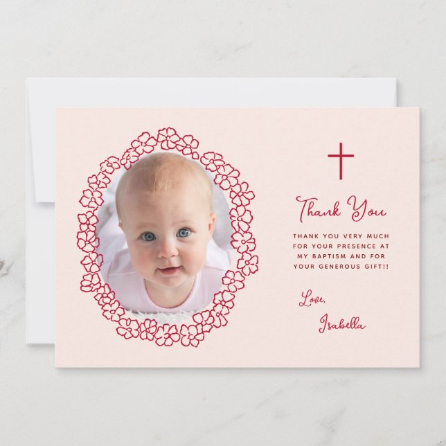 Carte De Remerciements Pink Baptism Girl Photo & Red Floral Wreath Script (Devant)