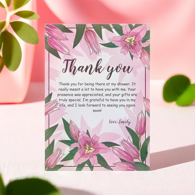 Carte De Remerciements Pink Blooming Lys Baby shower/ Anniversaire (Pink Blooming Lilies Baby Shower/ Birthday Thank You Card)