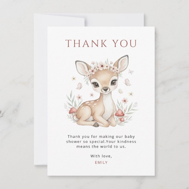 Carte De Remerciements Pink Blush Woodland Deer Girl Baby Shower (Devant)