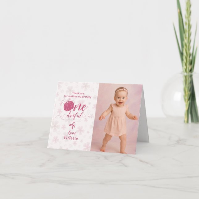 CARTE DE REMERCIEMENTS PINK BOW & ARCH FALL PUMPKIN FLOWERS BIRTHDAY (Devant)