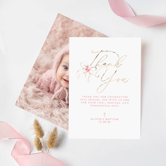 Carte De Remerciements Pink Bow Baptism Thank You Photo Card (Pink Bow Baptism Thank You Photo Card)