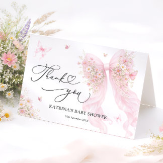 Carte De Remerciements Pink Bow Butterfly Baby Shower Thank You Card