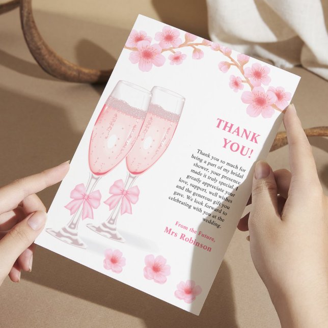 Carte De Remerciements Pink Bow Floral Petals and Prosecco Bridal Shower  (Pink Bow Floral Petals and Prosecco Bridal Shower Thank You Card )