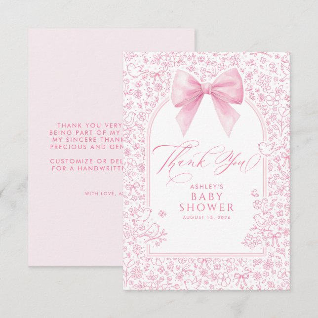 Carte De Remerciements Pink Bow French Floral Chinoiserie Baby Shower (Devant / Derrière)