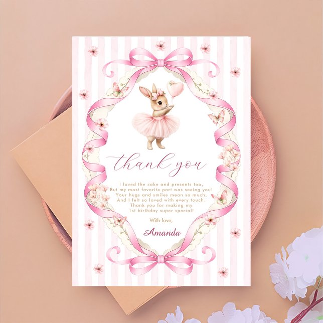Carte De Remerciements Pink Bow Gingham Bunny 1st Birthday (Créateur téléchargé)