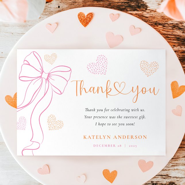 Carte De Remerciements Pink Bow Hearts Baby Sprinkle Thank You Card (Créateur téléchargé)
