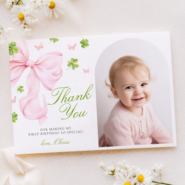 Carte De Remerciements Pink Bow Lucky One Birthday Flat Thank You Card (Créateur téléchargé)