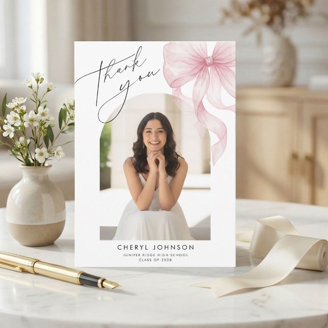 Carte De Remerciements Pink Bow Photo Graduation Thank You Card (Créateur téléchargé)