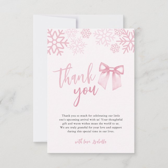 Carte De Remerciements Pink Bow Snowflakes Winter Baby Shower (Devant)