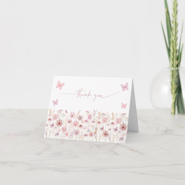 Carte De Remerciements Pink Butterfly Wildflowers Baby Shower (Devant)