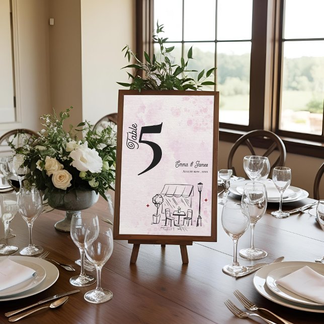 Carte De Remerciements Pink Café Sketch Wedding Reception Table Number (Pink Café Sketch Wedding Reception Table Number)
