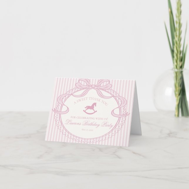 Carte De Remerciements Pink Coquette Bow Rocking Hors Birthday Thank You  (Devant)