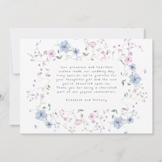 Carte De Remerciements Pink & Dusty Blue Watercolor Botanical Wedding  (Dos)