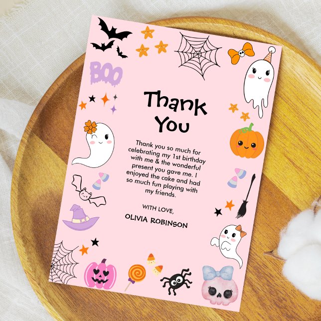 Carte De Remerciements Pink Éffrayant One Cute Ghost Halloween 1er Annive (Pink Spooky One Cute Ghost Girl Halloween 1st Birthday Thank You Card )