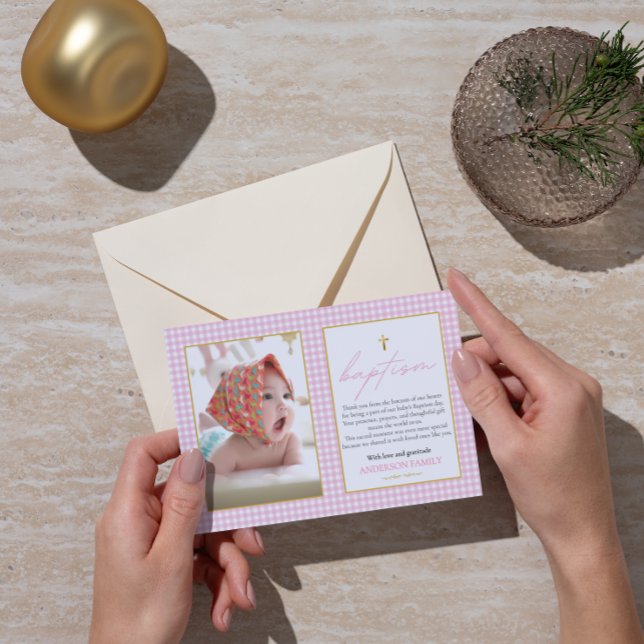 Carte De Remerciements Pink En vichy Girl Baptême coeur Gratitude Note (Créateur téléchargé)