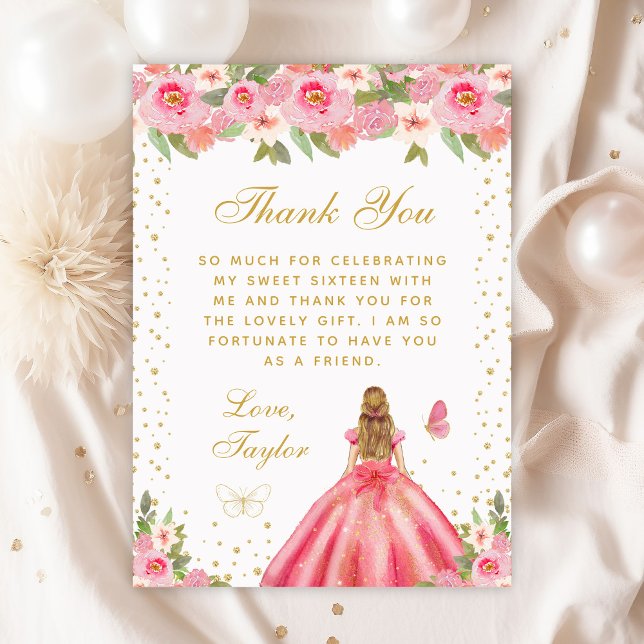 Carte De Remerciements Pink Floral Blonde cheveux Princesse Sweet sixteen (Créateur téléchargé)