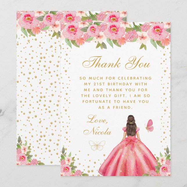 Carte De Remerciements Pink Floral Brunette Hair Princess Birthday Party (Devant / Derrière)