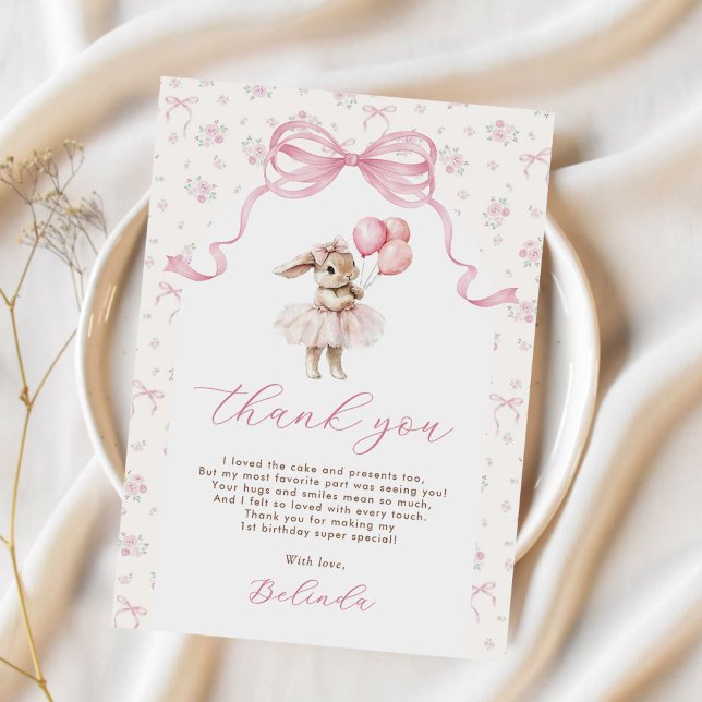 Carte De Remerciements Pink Floral Coquette Bow Bunny 1st Birthday (Créateur téléchargé)