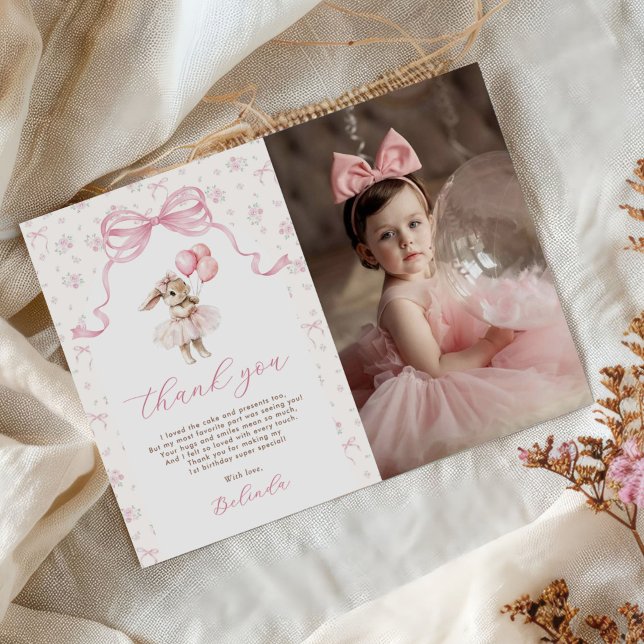 Carte De Remerciements Pink Floral Coquette Bow Bunny 1st Birthday Photo (Créateur téléchargé)