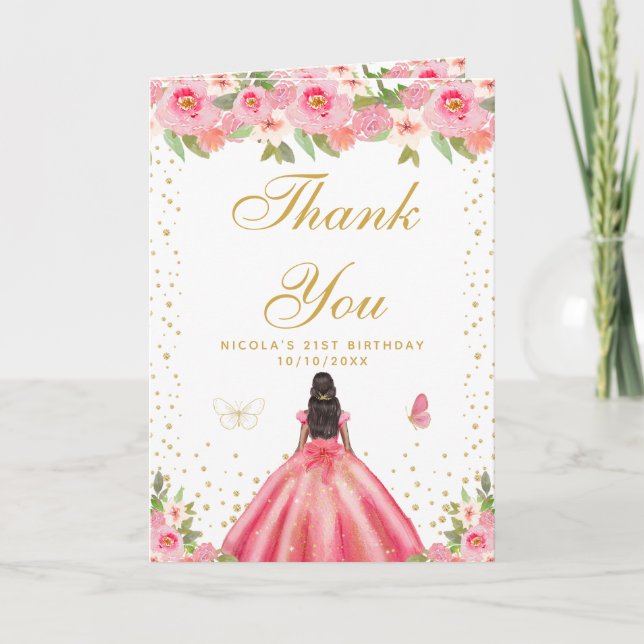 Carte De Remerciements Pink Floral Dark Skin Girl Birthday Party (Devant)