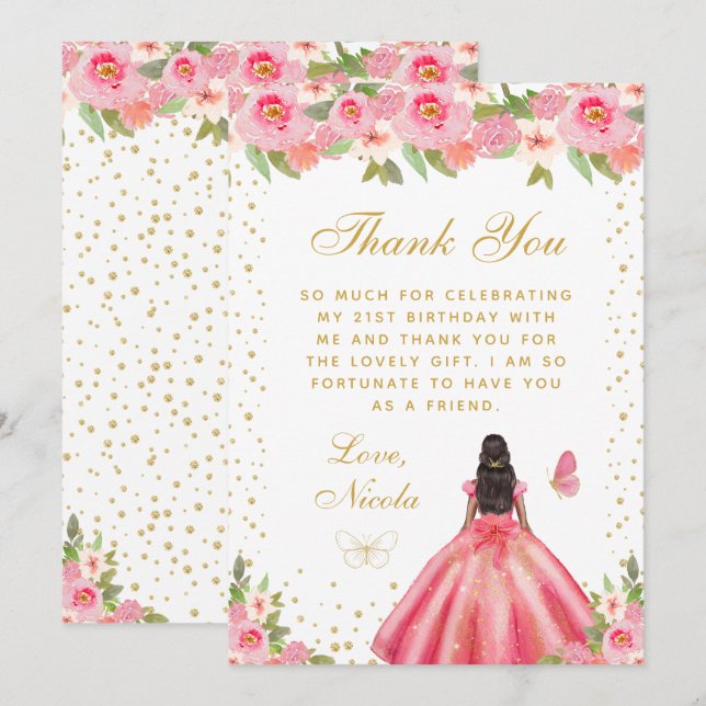 Carte De Remerciements Pink Floral Dark Skin Princess Birthday Party (Devant / Derrière)