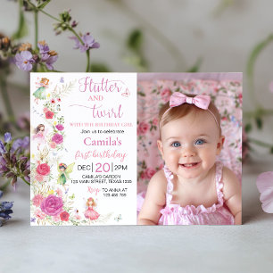 Carte De Remerciements Pink Floral Fairy 1er Anniversaire Photo Invitatio