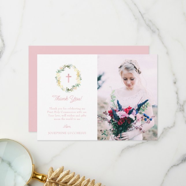 Carte De Remerciements Pink Floral First Holy Communion Photo (Devant/Arrière en situation)