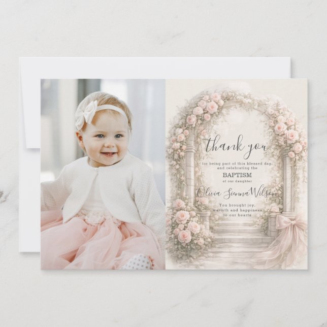 Carte De Remerciements Pink Floral Garden Bow Baptism Christening Photo (Devant)
