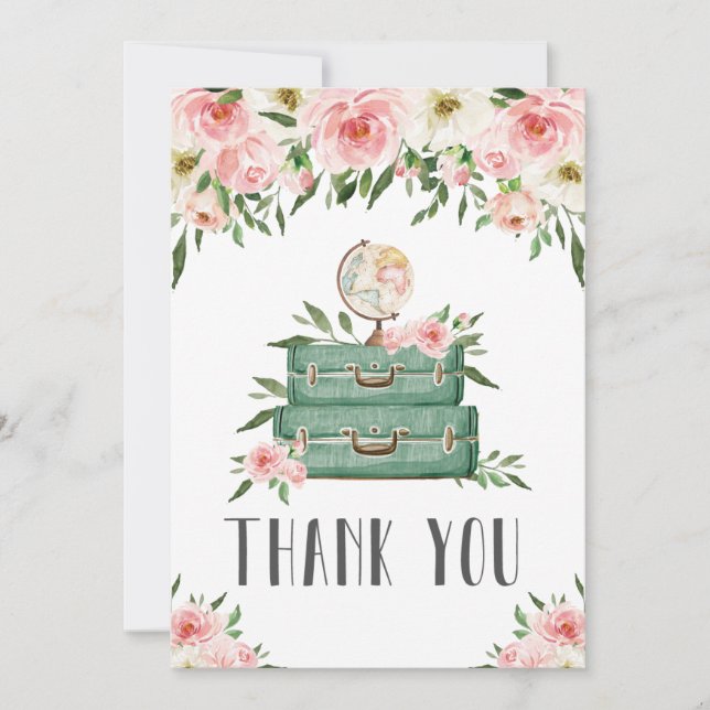 Carte De Remerciements Pink Floral Green Adventure Baby shower Voyage  (Devant)