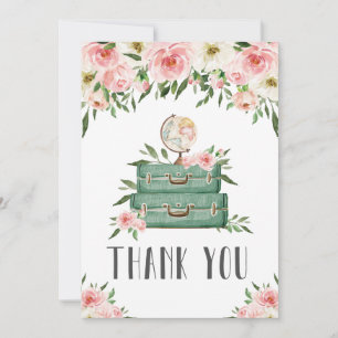 Carte De Remerciements Pink Floral Green Adventure Baby shower Voyage 
