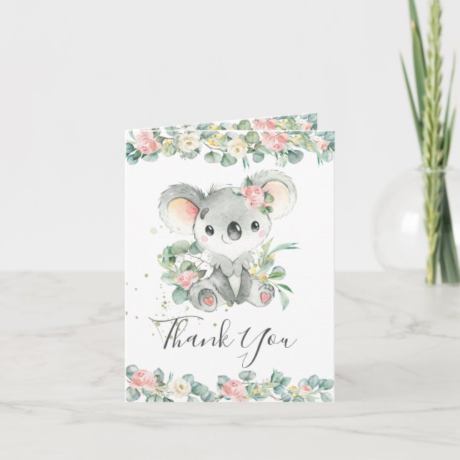 Carte De Remerciements Pink Floral Greenery Koala Baby shower d'anniversa (Devant)