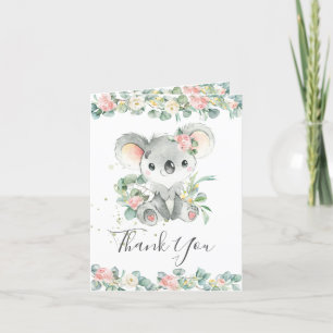 Carte De Remerciements Pink Floral Greenery Koala Baby shower d'anniversa