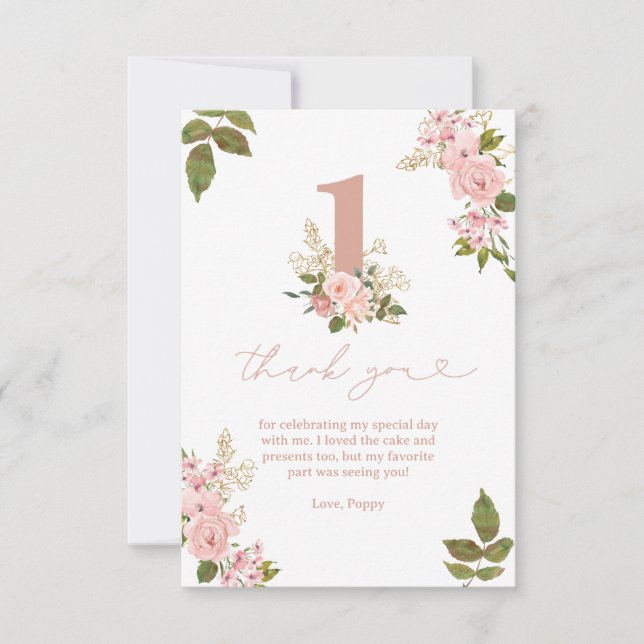 Carte De Remerciements Pink Floral Little Miss 1er anniversaire (Devant)