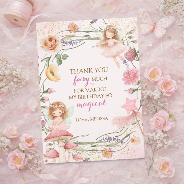 Carte De Remerciements Pink Floral Magical Fairy Garden Girl Birthday    (Créateur téléchargé)