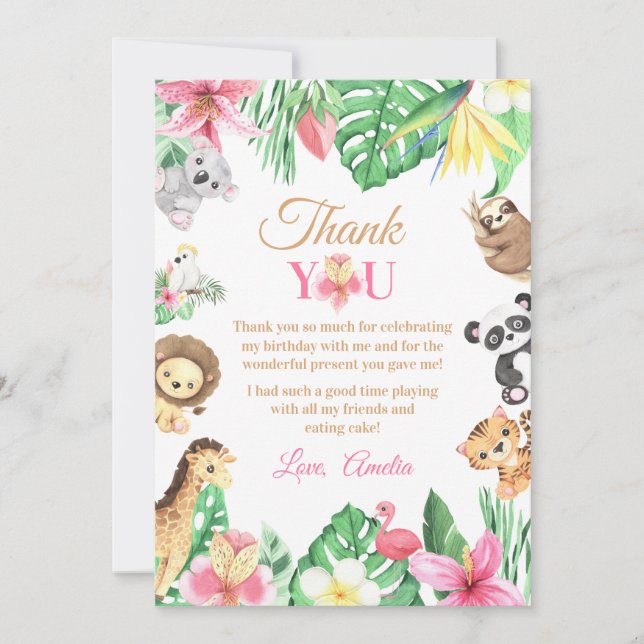 Carte De Remerciements Pink Floral Safari Animals Wild One Birthday (Devant)
