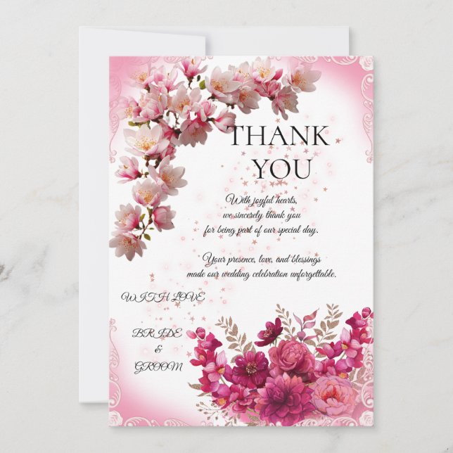 Carte De Remerciements Pink Floral Wedding Thank You Card on White (Devant)