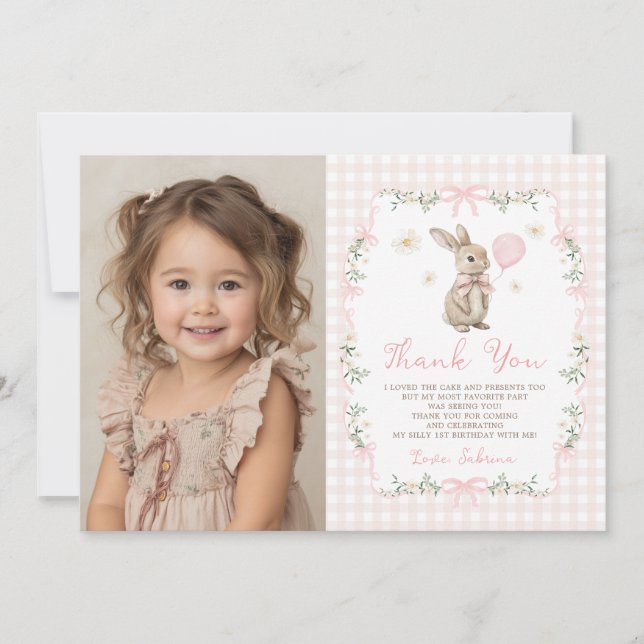 Carte De Remerciements Pink Gingham Bunny Bow Girl Birthday Photo (Devant)