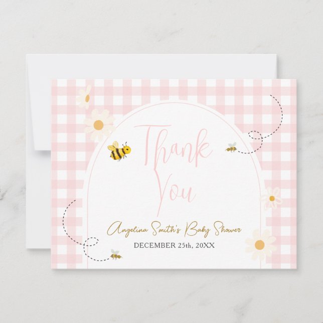 Carte De Remerciements Pink Gingham Daisies Bee Baby Shower Thank You (Devant)