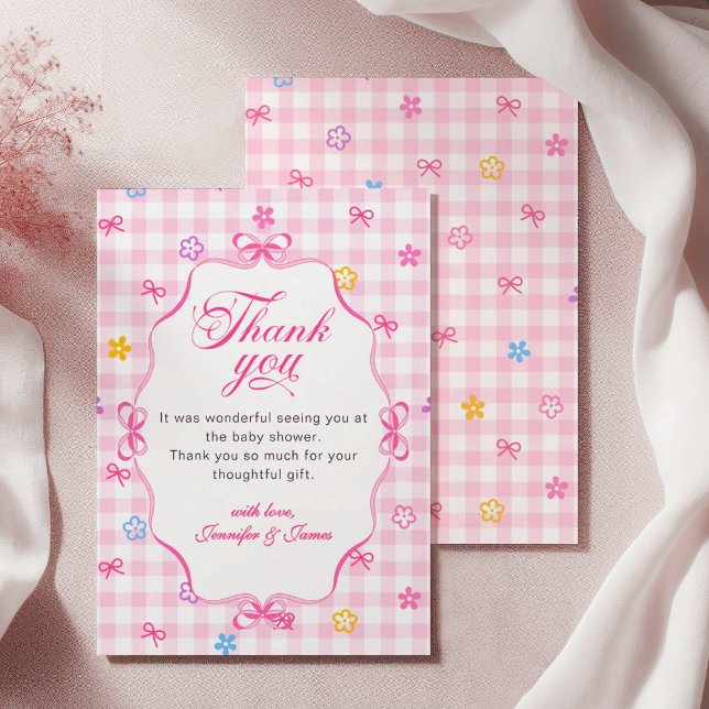 Carte De Remerciements Pink Gingham Floral Bow Baby Shower Thank You Card (Créateur téléchargé)
