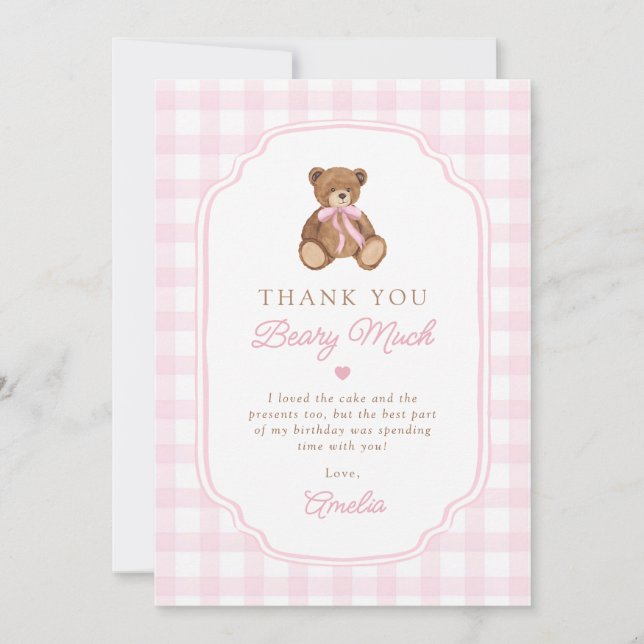 Carte De Remerciements Pink Gingham Teddy Bear Beary First Birthday (Devant)