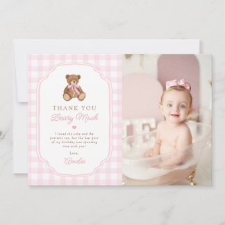 Carte De Remerciements Pink Gingham Teddy Bear Beary First Birthday Photo