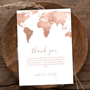 Carte De Remerciements Pink Gold World Map Voyage Baby shower d'aventure