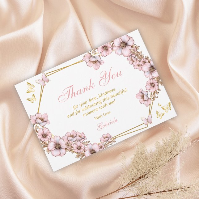 Carte De Remerciements Pink Golden Tiara Butterfly Quinceañera (Créateur téléchargé)