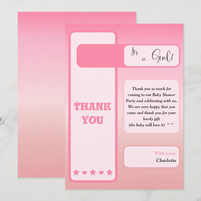 Carte De Remerciements Pink Gradient Cute Eyeball Text Baby Shower (Devant / Derrière)