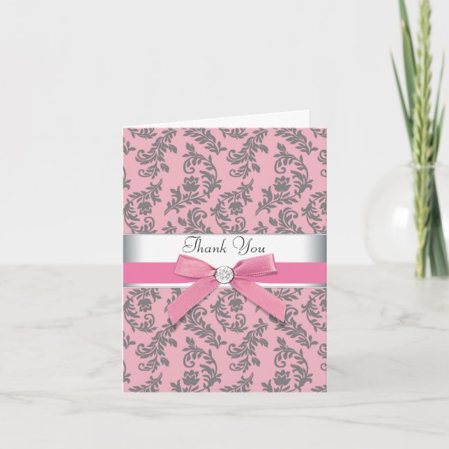 Carte De Remerciements Pink Gray Damask Thank (Devant)