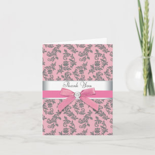 Carte De Remerciements Pink Gray Damask Thank