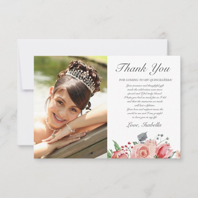 Carte De Remerciements Pink & Green Elegant Floral Photo Quinceañera (Devant)