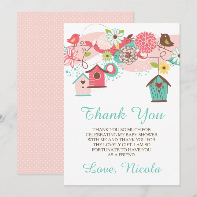 Carte De Remerciements Pink & Green Floral Baby Shower Thank You Card (Devant / Derrière)
